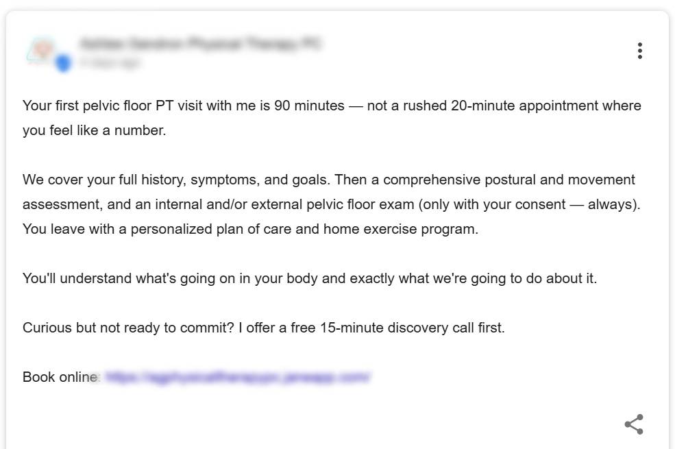Example Google Business Profile post for a pelvic floor PT practice
